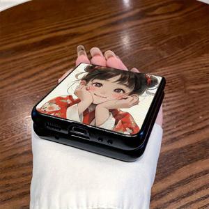 TEMU 폰케이스: 기모노 귀여운 소녀 일러스트 디자인 휴대폰 케이스 (손목 스트랩 포함) - Z Flip3, Z Flip4, W23 Flip, Z Flip5, W24 Flip, Z Flip6, Z Fold2, W21, Z Fold3, W22, Z Fold4, W23, Z Fold5, W24, Z Fold6 - 스테인리스, 패셔너블, 트렌디한 인조 가죽