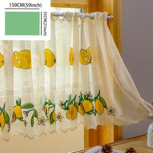TEMU 1pc 대형 레몬 커피 커튼, 프랑스 농촌 스타일 레이스 자수, 드릴 없음 설치, 작은 창 주방 신발 캐비닛 자수 커버 커튼, 폴리에스터, 반투명, 모든 계절, 바구니 포켓 매달기, 주방 창 | 레몬 주방 장식 | 반투명 커튼