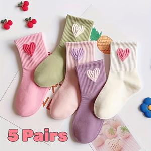 TEMU 올 시즌 5/10켤레 귀여운 카툰 하트 컬러풀 여아 양말 핑크 시리즈 키즈 양말