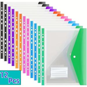 TEMU 접착식 스냅 잠금장치와 11홀 바인더 확장기가 있는 ABS 플라스틱 봉투 12개, 2/3/4링 바인더 및 A4 사이즈 폴더에 적합, 바인더 액세서리 | 스냅 잠금 파우치 | 내구성 있는 폴더