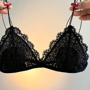TEMU 커플용 초박형 플로럴 레이스 속옷, 프렌치 스타일 트라이앵글컵 브라, 얇은 끈과 오픈백 디자인의 브라렛, 와이어프리, 토끼 귀 패드, 논푸쉬업