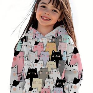 TEMU 귀여운 고양이 콜라주 3D 프린트 후드 스웨트셔츠, 트렌디하고 캐주얼한 아동복, 여아들이 외출할 때 입기 좋은 완벽한 선물