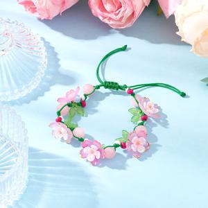 TEMU 여성을 위한 플로럴 아크릴 비즈 땋은 팔찌 1개, ABS 플라스틱 & 레진 모조 진주 비즈 캡 & 염색된 천연 마샨 자드 원형 비즈 포함, 핑크/하늘색, 내경: 1-3/4-3인치(4.5-7.5cm)