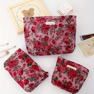 TEMU 빈티지 빨간 장미 패턴 화장품 가방, 패셔너블 여성용 메이크업 가방, 다기능 수납 파우치, 여행용 세면도구 가방, 귀여운 동전 지갑, 폴리에스터 안감, 무취 메탈 지퍼, 신학기 선물, 여행용품, 웨딩 신부 선물