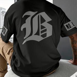 TEMU 3D 남성용 캐주얼 라운드넥 반팔 티셔츠, 대담한 'B' 디자인, 약간의 스트레치가 있는 폴리에스터 니트 원단으로 제작, 부드럽고 통기성이 좋으며 야외 스포츠에 적합, 친구를 위한 선물로 완벽