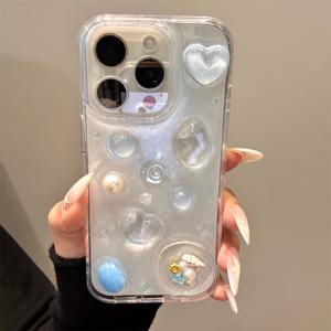 TEMU 휴대폰 케이스 - 아이폰 16, 15, 14, 13 Pro Max용 스타일리시하고 예술적인 3D 진주빛 하트 모양 에폭시 폰 케이스, 투명 보호 뒷면 특징