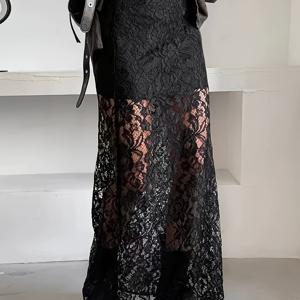 TEMU 우아한 레이스 패널 반투명 맥시 스커트 - 단색 롱드레스, 적당한 신축성, 봄 여름 가을 웨딩 파티 일상복 - 세탁기 사용 가능 스커트 NS702