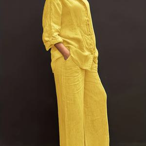 TEMU 캐주얼 칼라 가디건과 와이드 레그 팬츠 세트, 우아하고 다재다능한 슬림핏 솔리드 컬러 시크 셔츠 탑과 부드러운 소재로 편안한 비치 휴가 데일리/오피스 출근용 루즈 웨이스트 트라우저 투피스 아웃핏