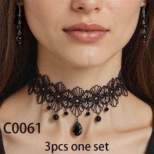 TEMU 3피스 세트, 레이스 초커 목걸이, 홀아웃 플라워 칼라본 체인, 신상 우아한 핸드메이드 귀걸이