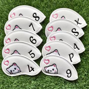TEMU 10개 골프 아이언 헤드 커버 세트 - 귀여운 고양이 & 핑크 하트 자수, 번호 태그 4-X, 매직 테이프 잠금, 유니버설 핏 여성용 아이언 커버, 발렌타인데이 여성의 날 크리스마스 선물, 부드럽고 내구성 있는 골프 클럽 커버 (화이트/블랙)