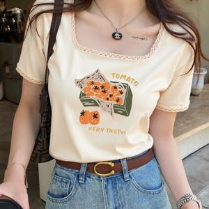 TEMU 여름을 위한 순수한 욕망 스타일의 토마토 패턴, 레이스 스플라이싱, 우아한 스퀘어 칼라가 특징인 여성용 반팔 티셔츠