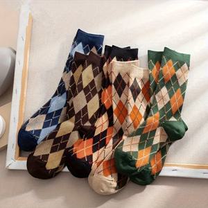 TEMU 여성용 5켤레 올시즌 영국 체크 미드 캐프 양말, 다용도 레트로 스타일 패턴 양말
