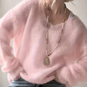 TEMU 여성용 소프트 V넥 스웨터 | 캐주얼 긴팔 탑, 아이렐트 디자인, 라이트 핑크 루즈핏, 봄/가을용, 여성 편안한 착용감