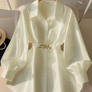 TEMU 캐주얼 우아한 단색 탑, 메탈 버튼 디자인과 뒷면 타이, 봄과 가을용 미디 여성 셔츠