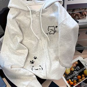 TEMU D90 - 루즈핏 후드 스웨트셔츠, 귀여운 고양이 발바닥 프린트 지퍼 후드 집업 자켓, 가을 겨울용, 여성 의류 L14596