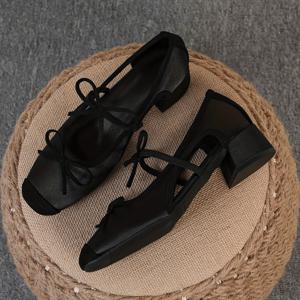 TEMU 스퀘어토 로우컷 블록힐 여성화, 다용도 리본 플랫슈즈, 패셔너블 슬립온 신발, 홀로우 하이힐. 사이즈 35-43, 여성화