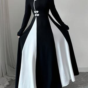 TEMU 이 세련되고 우아한 롱 드레스는 중국 스타일의 스탠드 칼라와 독특한 비대칭 디자인을 특징으로 하며, 블랙 앤 화이트 컬러 조합으로 매일 출퇴근 및 데이트에 완벽합니다.