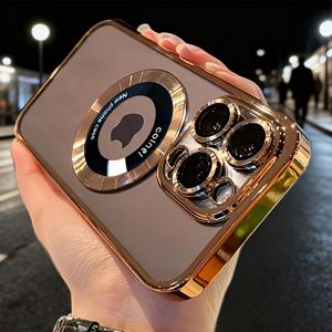 TEMU 3PCS[1X 폰 케이스 + 2X 보호필름] 럭셔리 윈도우 자석 무선충전 도금 투명 케이스 아이폰 16 15 14 13 12 11 프로 맥스 플러스 백커버