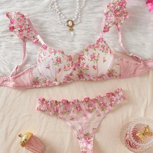 TEMU 핑크 플로럴 자수 메쉬 스플라이싱 브라 & 팬티 세트 | 플로럴 자수 언더와이어 레이스 시스루 | 리플렛 숄더 스트랩 & 보우노트 | 여성용 섹시 시어 란제리 S-XL