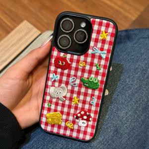 TEMU 클래식 패션 레드 앤 화이트 체크무늬 자수 공룡 토마토 리본 고품질 풀커버 휴대폰 케이스, 17 Pro/16/15 Pro Max/14/13 호환
