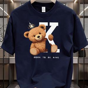 TEMU 클래식 컬러풀 남성 패션 캐주얼 트렌디 스트리트 스타일 그래픽 티셔츠 - 갈색 테디베어가 금관을 쓰고 'K' 글자가 있는 '왕으로 태어남' 패턴 남성복, 성인용 크리스마스 할로윈 선물 만화 프린트, 스웨트셔츠 및 탄성 소재