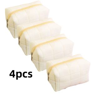 TEMU 화이트 플러시 메이크업 파우치 4개 세트 - 대형 화장품 여행용 화장품 파우치, 지퍼 포켓, 귀여운 휴대용 스토리지, 여성용, 가벼운 화장품 파우치, 여행, 일상 사용, 헬스장에 적합
