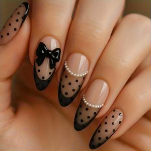 TEMU 24개 중형 아몬드형 프레스온네일 블랙 네일팁 폴카도트 & 3D 입체 장식 리본 디자인 풀커버 네일 스타일 데일리웨어 및 파티용 여성용