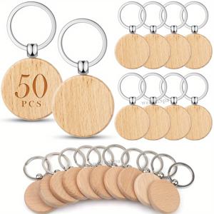 TEMU 50개 미완성 나무 키체인, 금속 고리가 있는 빈 원형 각인 키링, DIY 미도색 나무 키체인, DIY 선물, 조각 공예, 귀여운 장식용