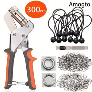 TEMU 아모그토 헤비듀티 그로멧 툴 키트: 3/8인치(10mm) 핸드헬드 홀 펀치 플라이어 + 실버 그로멧 300개 포함. 타프, 캔버스, 배너, 가죽 및 패브릭에 완벽. 번지 코드 토글 10개 포함