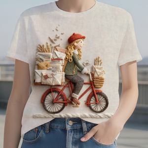 TEMU 여성용 반팔 티셔츠 - 라이딩 & 편지 배달 장식 풀프린트 캐주얼 라운드넥 블라우스, 봄 여름 가을용 멀티사이즈 편안한 캐주얼 의상 (-우편물 운반 그래픽)