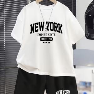 TEMU NEW YORK 그래픽 프린트가 특징인 남아용 투피스 여름 캐주얼 의상. 통기성 좋고 편안하며 집 또는 야외복으로 적합하며 봄, 여름, 가을 스타일에 완벽한 선택입니다. 야외 활동에 적합합니다.