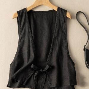 TEMU 여성용 여름 나시 브이넥 면 루즈핏 베스트 코트 상의 솔리드 심플 패션 벨트 베스트 쿨나시 문예 빈티지 슬림소녀 SLIM GIRL