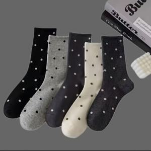 TEMU 신상 여성용 양말 다섯 켤레, 한국식 도트 무늬 중목 양말, 부드럽고 편안한 다용도 양말
