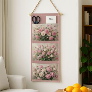 TEMU 1개 로맨틱 빈티지 플로럴 벽걸이 수납 정리함, 3포켓 핑크 튤립 달리아 부케 벽걸이 선반, 침실용 다용도 문뒤 옷장 정리 시스템, 의류, 액세서리 및 일상용품에 이상적