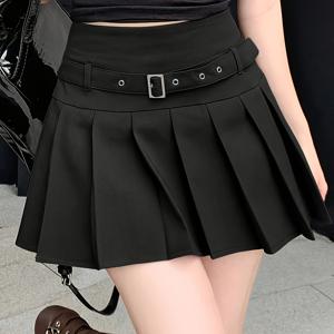 TEMU QQ 여성용 A라인 플리츠 스커트, 신축성 있는 허리밴드, 단색 디자인