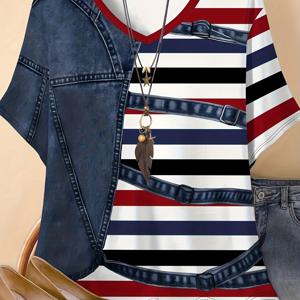 TEMU [프린트 팬츠 - 데님 원단 아님], [데님 프린트/이미테이션 데님] 여성 오버사이즈 티셔츠, 이미테이션 데님 원단, 풀 랜덤 프린트 - 캐주얼 V넥 반팔 상의, 세탁기 사용 가능, 사계절 내내 편안함