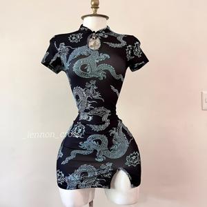 TEMU 새로운 중국풍 용무늬 바디콘 드레스, 반팔 슬릿 랩 스커트, 국민스타일 섹시 핫 드레스