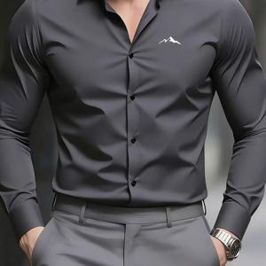 TEMU 남성용 업무용 다림질 필요 없는 긴팔 셔츠, 설산 프린트, 슬림핏 전문가용 정장, 면접 및 출퇴근용 활용도 높은 단색 셔츠