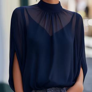 TEMU 여성용 우아한 솔리드 컬러 하이넥 쉬폰 블라우스, 부드러운 러플 장식