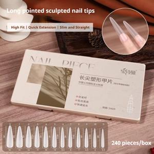 TEMU 아크릴 네일용 투명 롱팁형 네일팁 240개, 초장형 테이퍼드 아크릴 네일팁, 풀커버 C커브 없는 매니큐어 살롱 네일아트용 인조 네일 연장팁