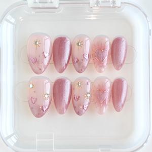 TEMU 피치 미스트 소프트 캔디 10개입 숏 아몬드 핸드메이드 웨어러블 네일, 핑크 하트 라인스톤 웨어러블 네일, 글리터 베이스 골든 하트 장식, 스위트 스타일, 데이트 파티 네일 세트