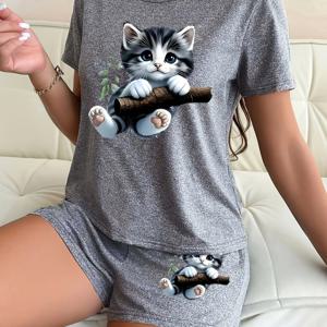 TEMU 귀여운 고양이 나무 패턴이 있는 여성용 반팔 반바지 잠옷 세트 | 크루넥, 만화 디자인, 사계절용, 짧은 바지