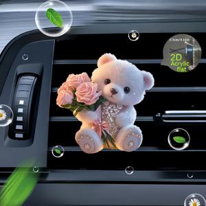 TEMU 2D 평면, 핑크 곰이 꽃을 잡고 있는 모양, 재사용 가능한 차량용 방향제 향기 디퓨저 클립, 차량 통풍구 내부 액세서리, 차량용 향 디퓨저, 