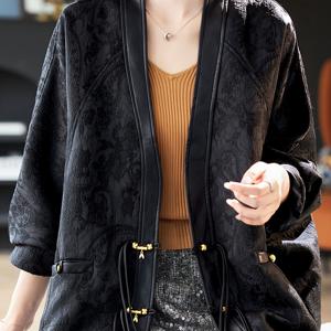 TEMU 플러스 사이즈, V넥 배트윙 슬리브 루즈 자카드 코트 2025 봄/가을 신상 중국풍 패치워크 여성용 탑