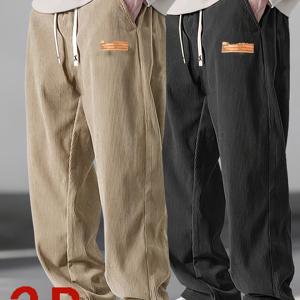 TEMU 남성용 코듀로이 팬츠 2개 - 가볍고 통기성 좋은 코듀로이 레그 바지, 신축성 있는 드로스트링 허리, 업무, 캐주얼 & 스포츠웨어에 적합한 코듀로이, 단색 텍스처 직조 팬츠, 일상용 내구성 코듀로이