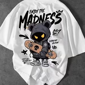 TEMU 남아용 빈티지 루즈 스트리트 스타일 티셔츠 - 화이트 빈티지 스케이트보드 & 힙합 프린트 탑, 카툰 베어와 MADNESS 레터링, 여름 캐주얼 라운드넥 반팔 셔츠, 도시 패션