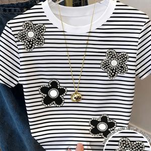 TEMU 여성용 플로럴 장식 캐주얼 라운드넥 반팔 티셔츠, 여름 스타일