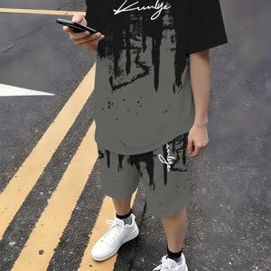 TEMU 청소년 패션 반바지 세트, 트렌디하고 멋진 컬러 블록 및 레터 패턴, 봄/여름 반팔 티셔츠와 루즈핏 반바지 2피스 세트, 남아 패션 야외 캐주얼 의상, 야외 활동용, 십대용