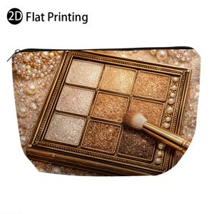 TEMU 빈티지 진주 골드 아이섀도우 팔레트 디자인의 2D 플랫 프린트, 다기능 및 재사용 가능한 편리한 화장품 파우치, 여성용 세면용품에 이상적, 지퍼가 달린 여행 가방, 여성 선물로 완벽