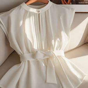 TEMU 우아하고 세련된 봄/여름 신상 여성용 솔리드 컬러 라운드넥 캐주얼 출근용 벨티드 허리라인 슬리브리스 블라우스